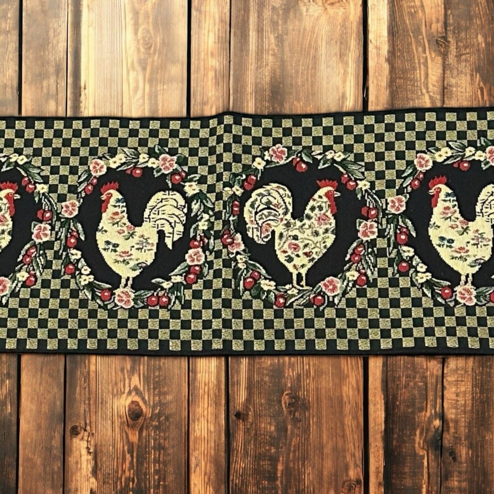 Rooster Tapestry Table Runner Farmhouse Woven Checkered Black 70x12 Country